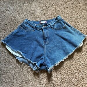 Denim Blue Frayed Hem Jean Shorts